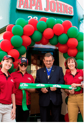 Jo Boland, promotion staff Florence, former Mayor Councillor Mike Wright and Papa John's local store marketing manager Julianne Osborne